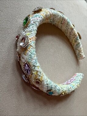 Bari Lynn Embellished Cream Tweed Headband with Multicolor Gem Accents